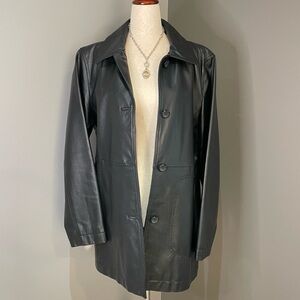 Vintage 90s Black Leather Jacket Large Minimalist Grunge Goth Biker Trench Coat